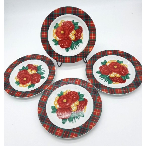 Vintage Holly Holderman Set Of 4 Red & Green Plaid Floral 8" Salad Plates - Picture 7 of 8